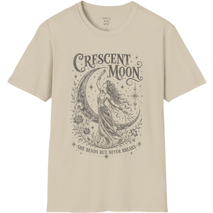 Crescent Moon sacred yoga shirt in sand — woman and crescent moon engraving design — Sacred Thread collection by Ramro Yoga Wear