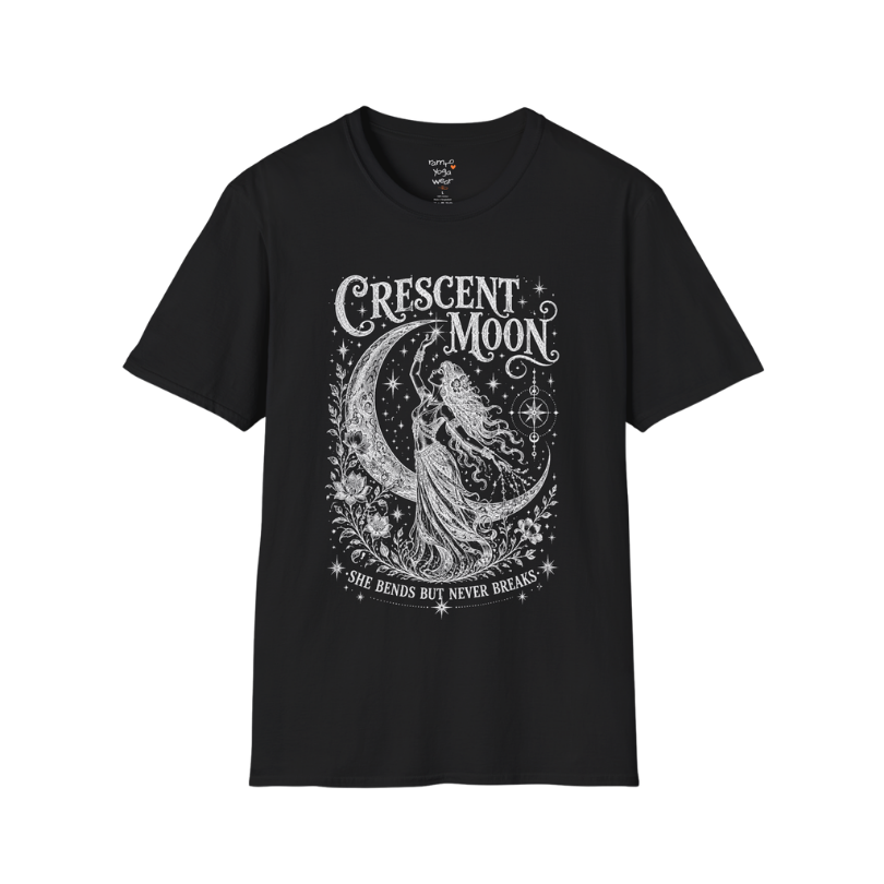 Crescent Moon dark sacred yoga shirt in black — woman and crescent moon engraving design — Sacred Thread collection by Ramro Yoga Wear