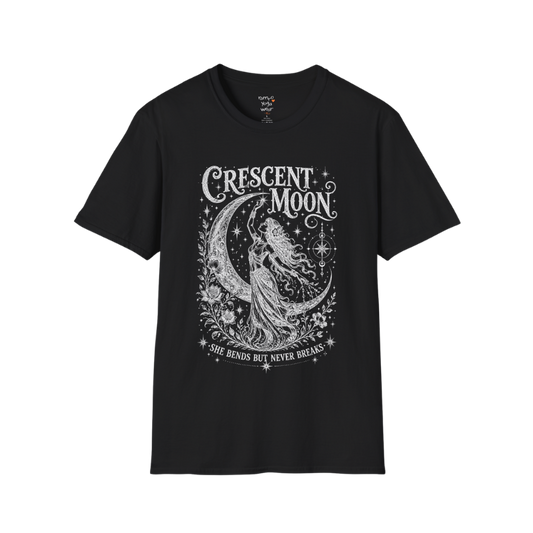 Crescent Moon dark sacred yoga shirt in black — woman and crescent moon engraving design — Sacred Thread collection by Ramro Yoga Wear