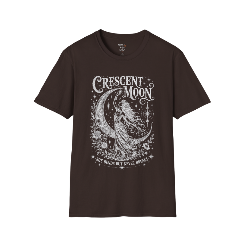 Crescent Moon dark sacred yoga shirt in dark chocolate — woman and crescent moon engraving design — Sacred Thread collection by Ramro Yoga Wear