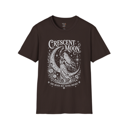 Crescent Moon dark sacred yoga shirt in dark chocolate — woman and crescent moon engraving design — Sacred Thread collection by Ramro Yoga Wear