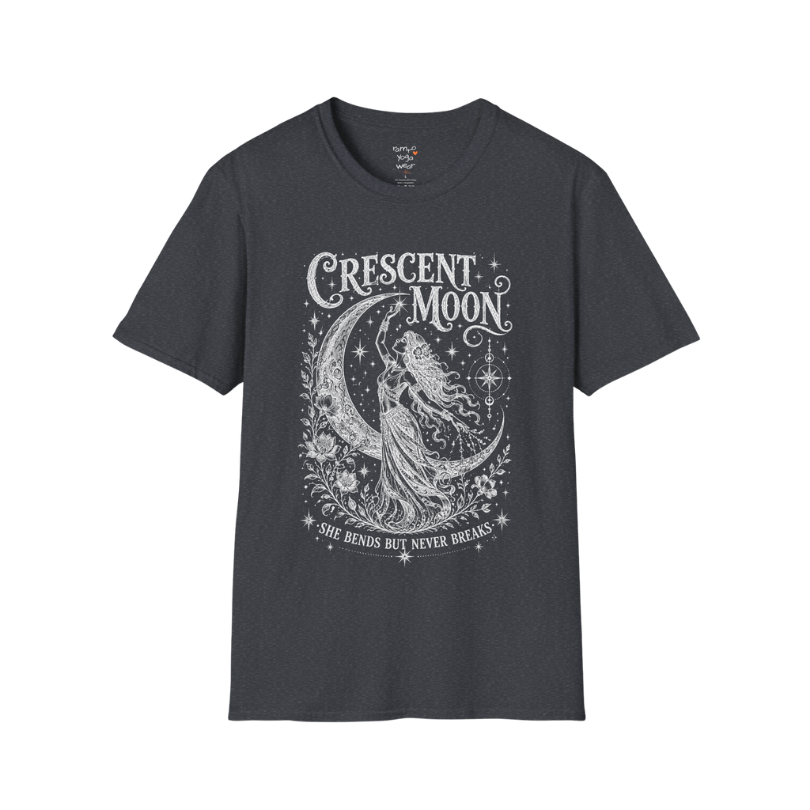 Crescent Moon dark sacred yoga shirt in dark heather grey — woman and crescent moon engraving design — Sacred Thread collection by Ramro Yoga Wear
