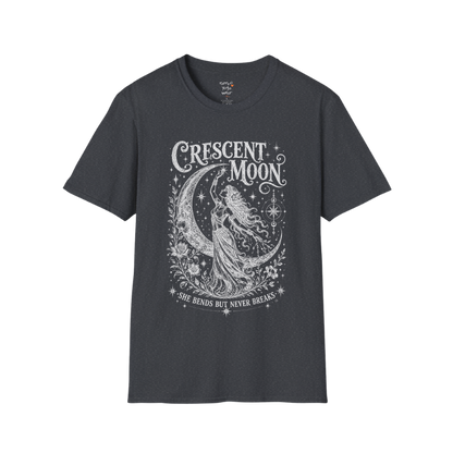 Crescent Moon dark sacred yoga shirt in dark heather grey — woman and crescent moon engraving design — Sacred Thread collection by Ramro Yoga Wear