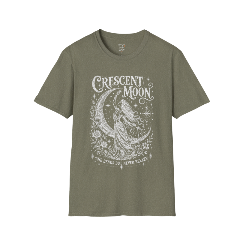 Crescent Moon dark sacred yoga shirt in heather military green — woman and crescent moon engraving design — Sacred Thread collection by Ramro Yoga Wear