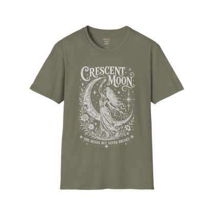 Crescent Moon dark sacred yoga shirt in heather military green — woman and crescent moon engraving design — Sacred Thread collection by Ramro Yoga Wear