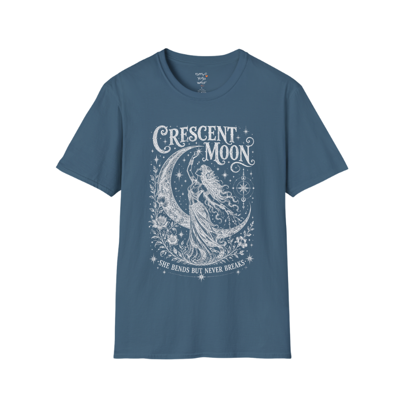 Crescent Moon dark sacred yoga shirt in indigo blue — woman and crescent moon engraving design — Sacred Thread collection by Ramro Yoga Wear