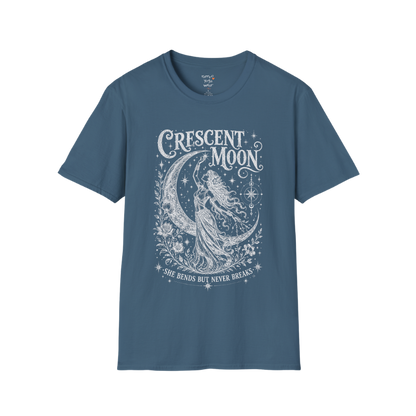 Crescent Moon dark sacred yoga shirt in indigo blue — woman and crescent moon engraving design — Sacred Thread collection by Ramro Yoga Wear