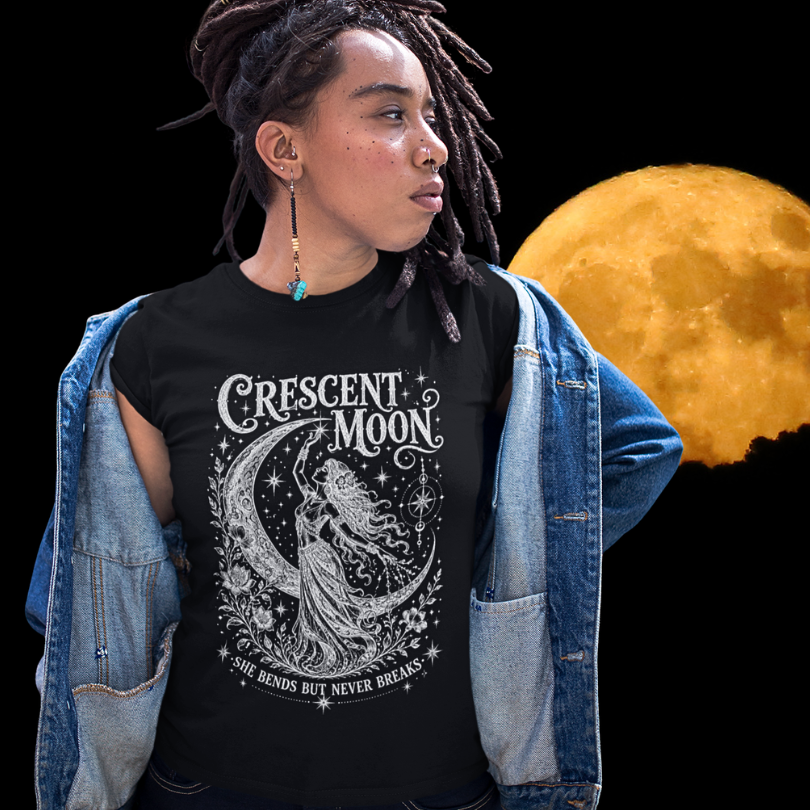 Woman wearing Crescent Moon black sacred yoga shirt with full moon rising behind her — Sacred Thread collection by Ramro Yoga Wear