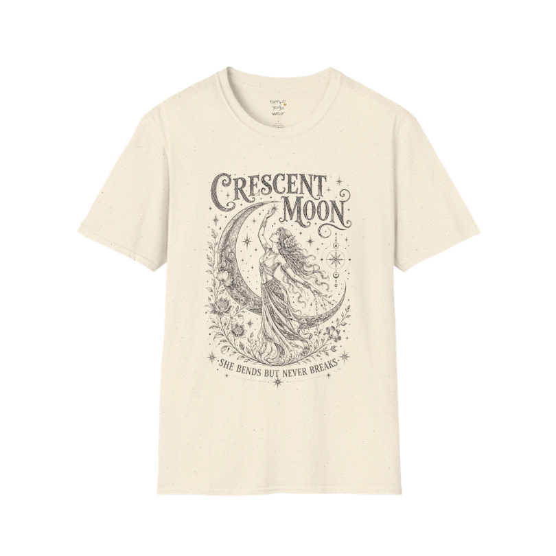 Crescent Moon sacred yoga shirt in natural — woman and crescent moon engraving design — Sacred Thread collection by Ramro Yoga Wear