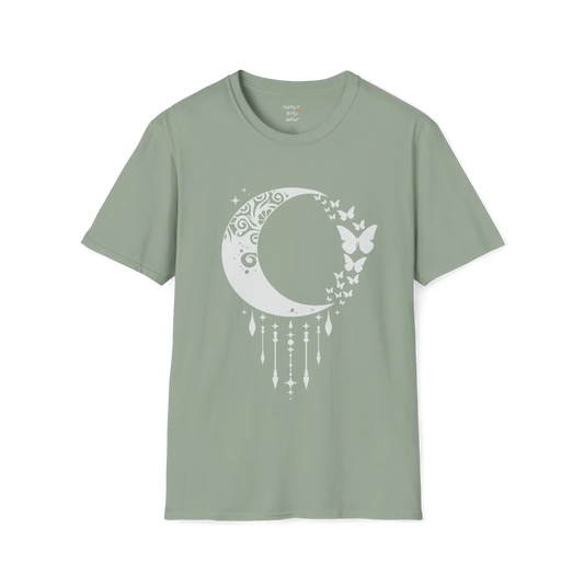 Sage Crescent Moon T-Shirt featuring butterfly and crescent moon design with calming spiritual energy.