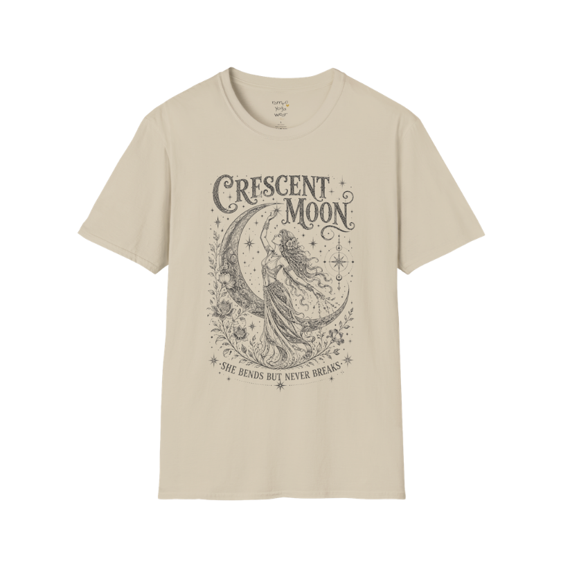 Crescent Moon sacred yoga shirt in sand — woman and crescent moon engraving design — Sacred Thread collection by Ramro Yoga Wear