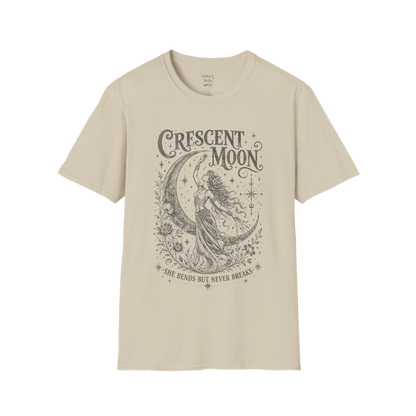 Crescent Moon sacred yoga shirt in sand — woman and crescent moon engraving design — Sacred Thread collection by Ramro Yoga Wear