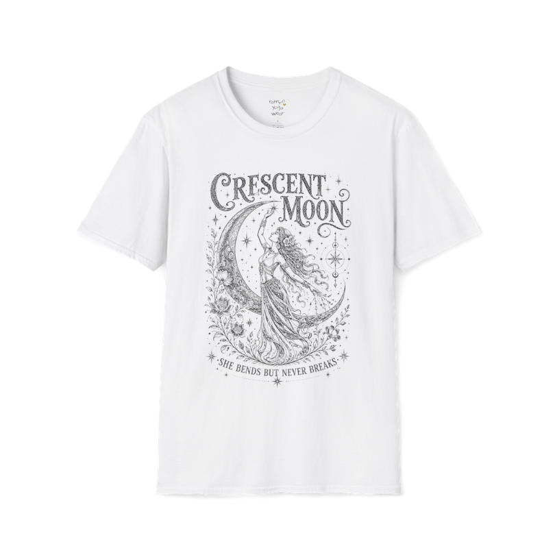Crescent Moon sacred yoga shirt in white — woman and crescent moon engraving design — Sacred Thread collection by Ramro Yoga Wear