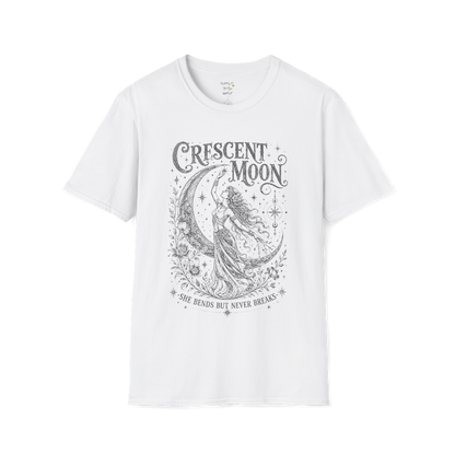 Crescent Moon sacred yoga shirt in white — woman and crescent moon engraving design — Sacred Thread collection by Ramro Yoga Wear