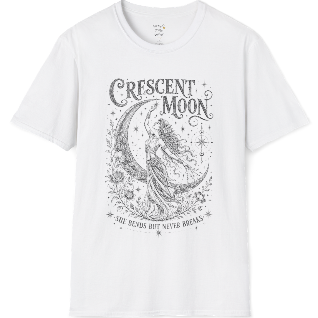 Crescent Moon sacred yoga shirt in white — woman and crescent moon engraving design — Sacred Thread collection by Ramro Yoga Wear