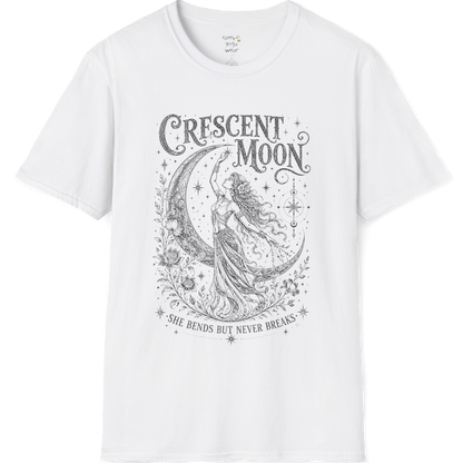 Crescent Moon sacred yoga shirt in white — woman and crescent moon engraving design — Sacred Thread collection by Ramro Yoga Wear