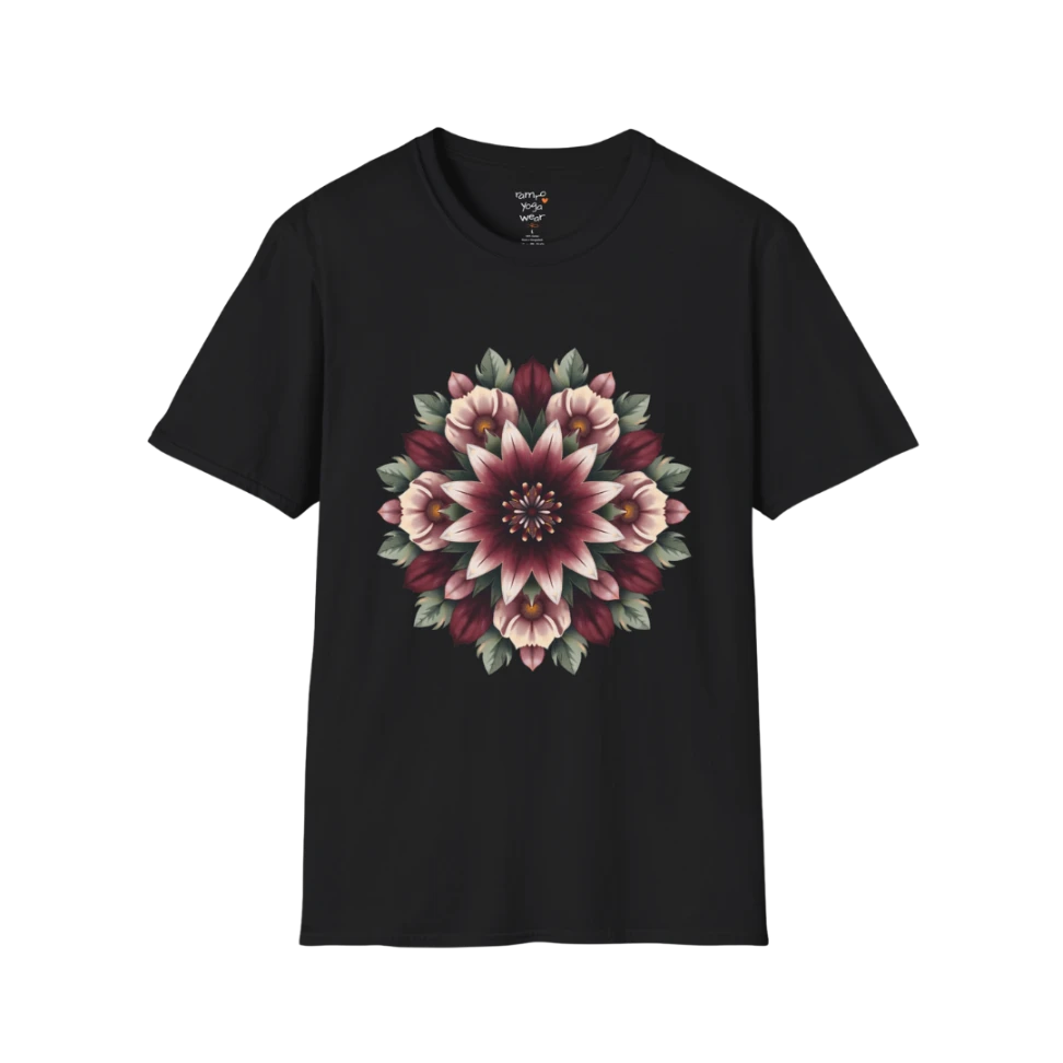 Crimson Bloom T-Shirt Black featuring oversized floral mandala artwork with rich crimson botanical details and boutique yoga lifestyle styling.