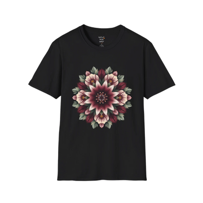 Crimson Bloom T-Shirt Black featuring oversized floral mandala artwork with rich crimson botanical details and boutique yoga lifestyle styling.