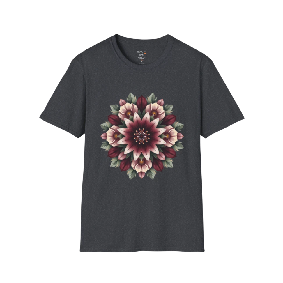 Crimson Bloom T-Shirt Dark Heather Grey featuring detailed floral mandala artwork with earthy botanical tones and relaxed yoga lifestyle energy.