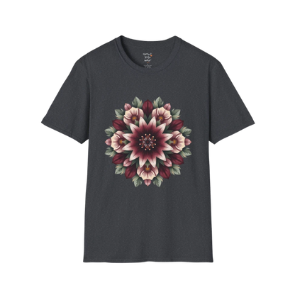 Crimson Bloom T-Shirt Dark Heather Grey featuring detailed floral mandala artwork with earthy botanical tones and relaxed yoga lifestyle energy.