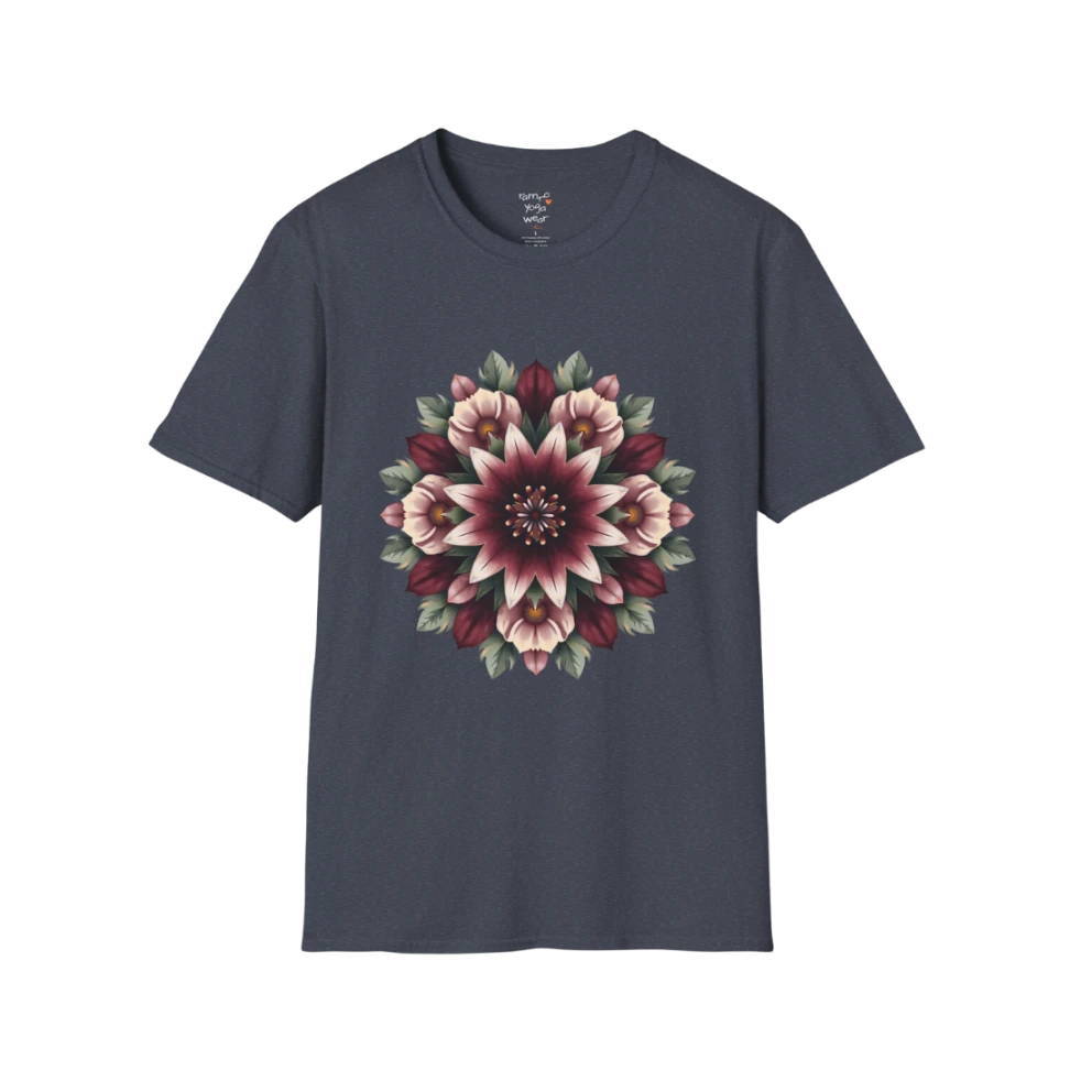 Crimson Bloom T-Shirt Heather Navy featuring oversized botanical mandala artwork with rich crimson floral detailing and modern boutique styling.