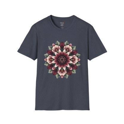 Crimson Bloom T-Shirt Heather Navy featuring oversized botanical mandala artwork with rich crimson floral detailing and modern boutique styling.
