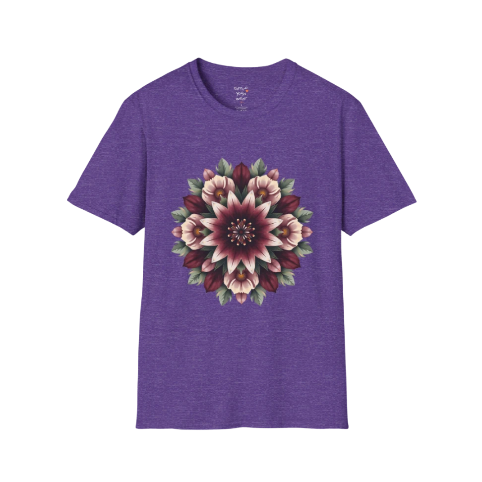 Crimson Bloom T-Shirt Heather Purple featuring intricate floral mandala artwork with feminine botanical tones and calm yoga lifestyle styling.