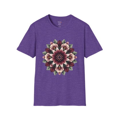 Crimson Bloom T-Shirt Heather Purple featuring intricate floral mandala artwork with feminine botanical tones and calm yoga lifestyle styling.