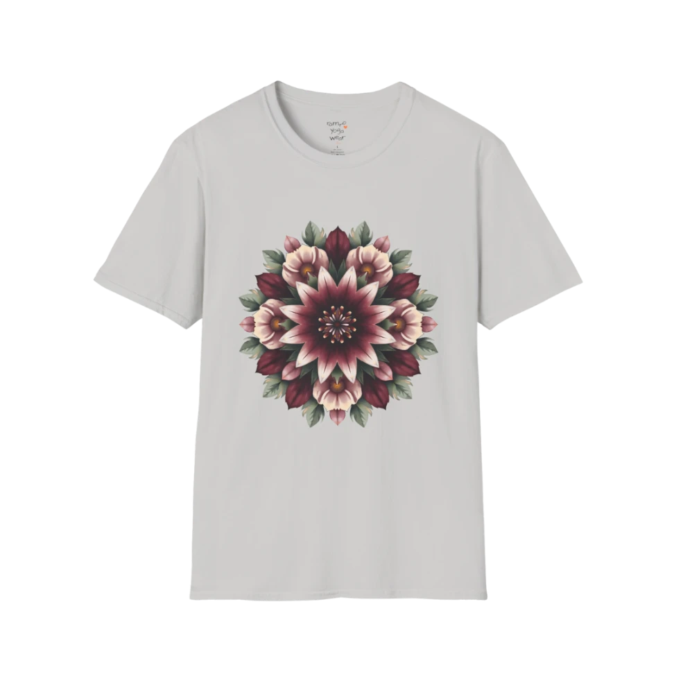 Crimson Bloom T-Shirt Ice Grey featuring oversized floral mandala artwork with soft botanical detailing and minimalist boutique-inspired styling.