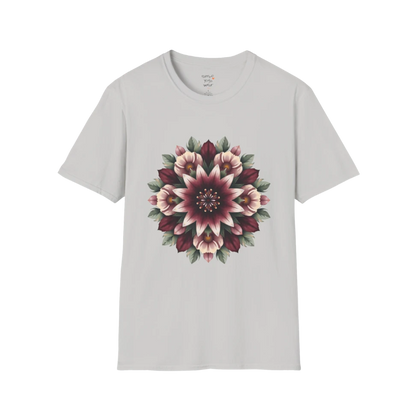 Crimson Bloom T-Shirt Ice Grey featuring oversized floral mandala artwork with soft botanical detailing and minimalist boutique-inspired styling.