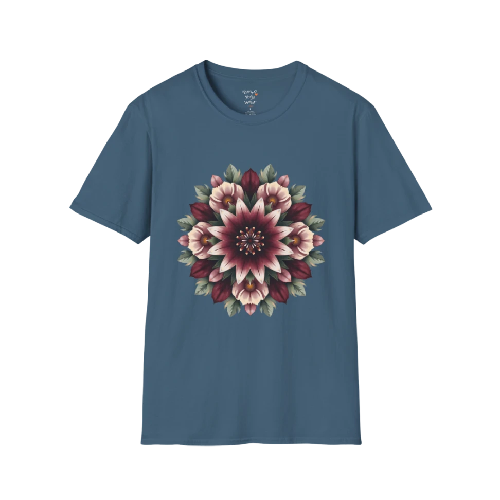 Crimson Bloom T-Shirt Indigo Blue featuring detailed crimson floral mandala artwork with relaxed yoga lifestyle and boutique fashion energy.