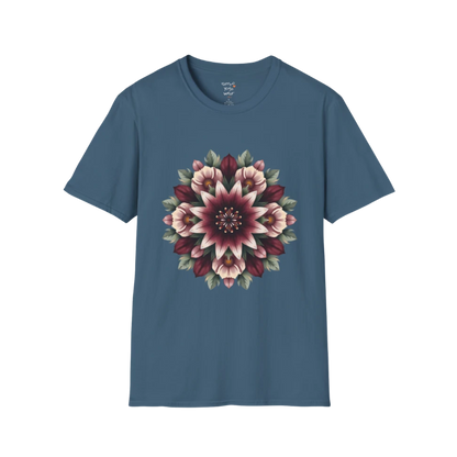 Crimson Bloom T-Shirt Indigo Blue featuring detailed crimson floral mandala artwork with relaxed yoga lifestyle and boutique fashion energy.