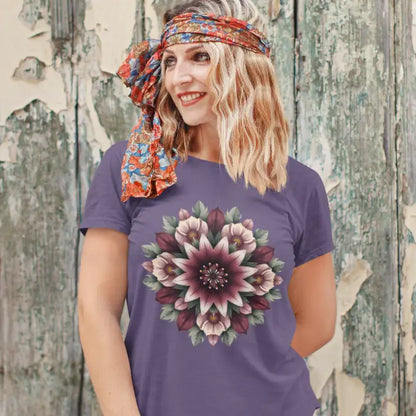 Crimson Bloom T-Shirt shown in a relaxed lifestyle setting featuring oversized floral mandala artwork with feminine yoga-inspired styling.