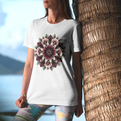 Crimson Bloom T-Shirt styled in a bright outdoor lifestyle scene featuring intricate botanical mandala artwork and relaxed boutique fashion energy.