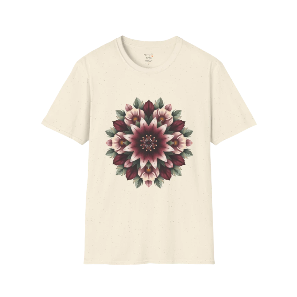 Crimson Bloom T-Shirt Natural featuring oversized floral mandala artwork with soft earthy botanical tones and mindful yoga lifestyle styling.