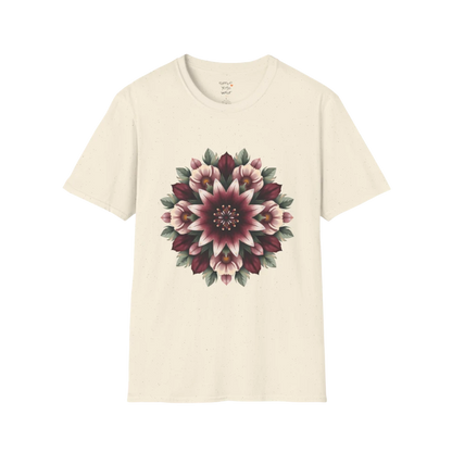 Crimson Bloom T-Shirt Natural featuring oversized floral mandala artwork with soft earthy botanical tones and mindful yoga lifestyle styling.