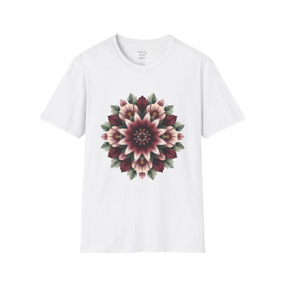 Crimson Bloom T-Shirt White featuring intricate crimson floral mandala artwork with feminine boutique-inspired yoga lifestyle design.