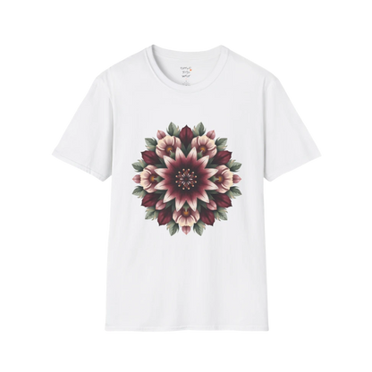 Crimson Bloom T-Shirt White featuring intricate crimson floral mandala artwork with feminine boutique-inspired yoga lifestyle design.