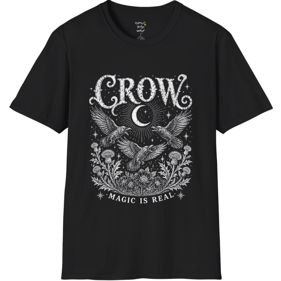 Ramro Yoga Wear Crow tee in Black — crow crescent moon botanical vintage engraving, flat lay product shot