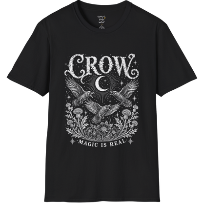 Ramro Yoga Wear Crow tee in Black — crow crescent moon botanical vintage engraving, flat lay product shot