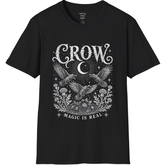 Ramro Yoga Wear Crow tee in Black — crow crescent moon botanical vintage engraving, flat lay product shot