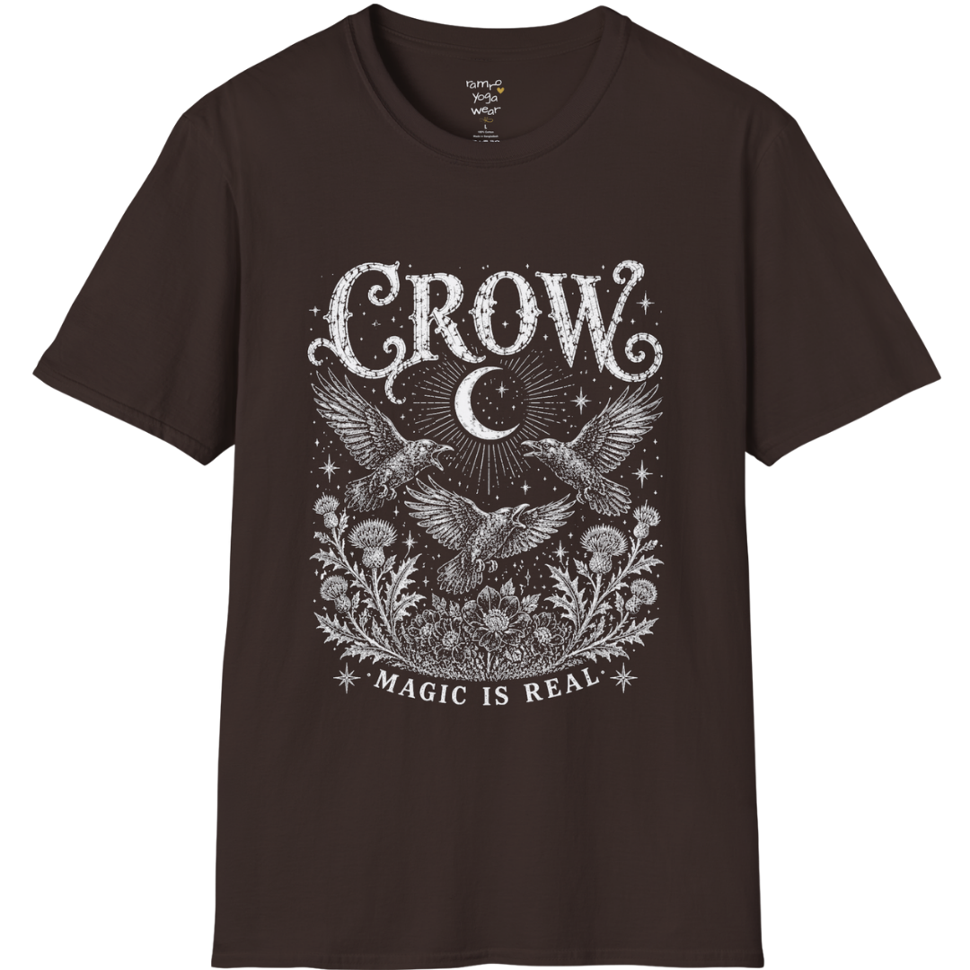 Ramro Yoga Wear Crow tee in Dark Chocolate — crow crescent moon botanical vintage engraving, flat lay product shot