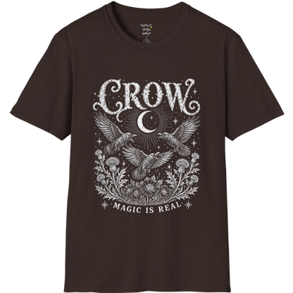 Ramro Yoga Wear Crow tee in Dark Chocolate — crow crescent moon botanical vintage engraving, flat lay product shot
