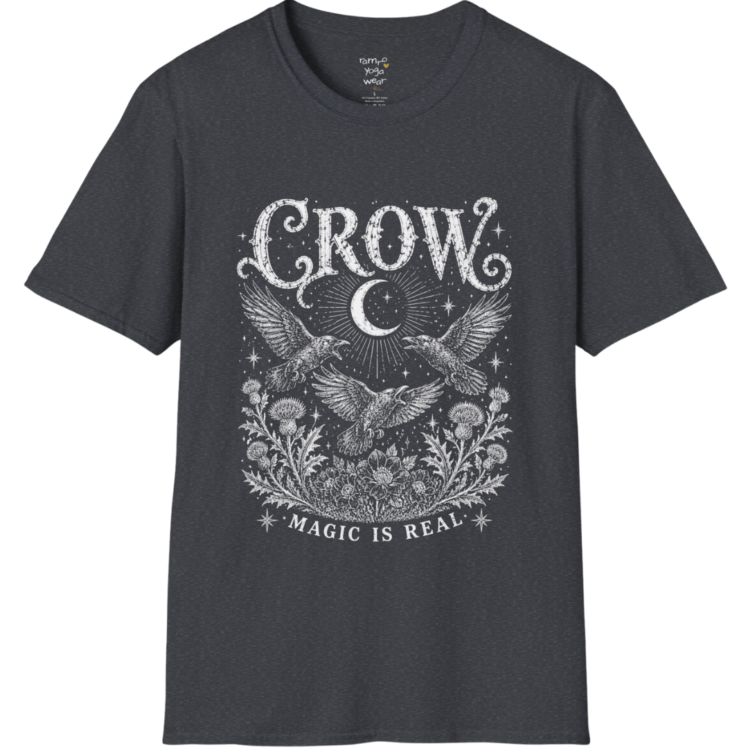Ramro Yoga Wear Crow tee in Dark Heather Grey — crow crescent moon botanical vintage engraving, flat lay product shot
