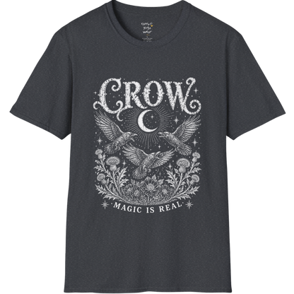 Ramro Yoga Wear Crow tee in Dark Heather Grey — crow crescent moon botanical vintage engraving, flat lay product shot
