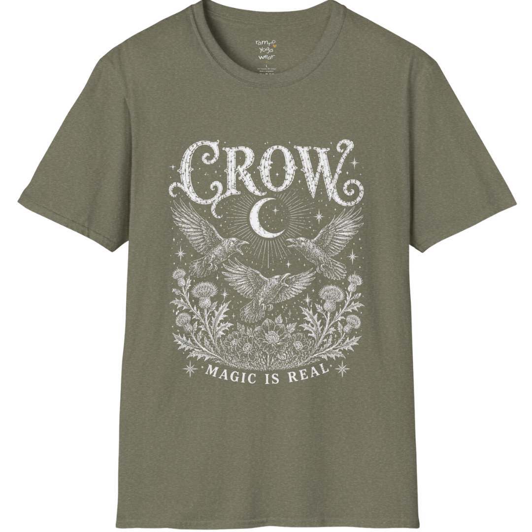 Ramro Yoga Wear Crow tee in Heather Military Green — crow crescent moon botanical vintage engraving, flat lay product shot