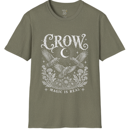 Ramro Yoga Wear Crow tee in Heather Military Green — crow crescent moon botanical vintage engraving, flat lay product shot