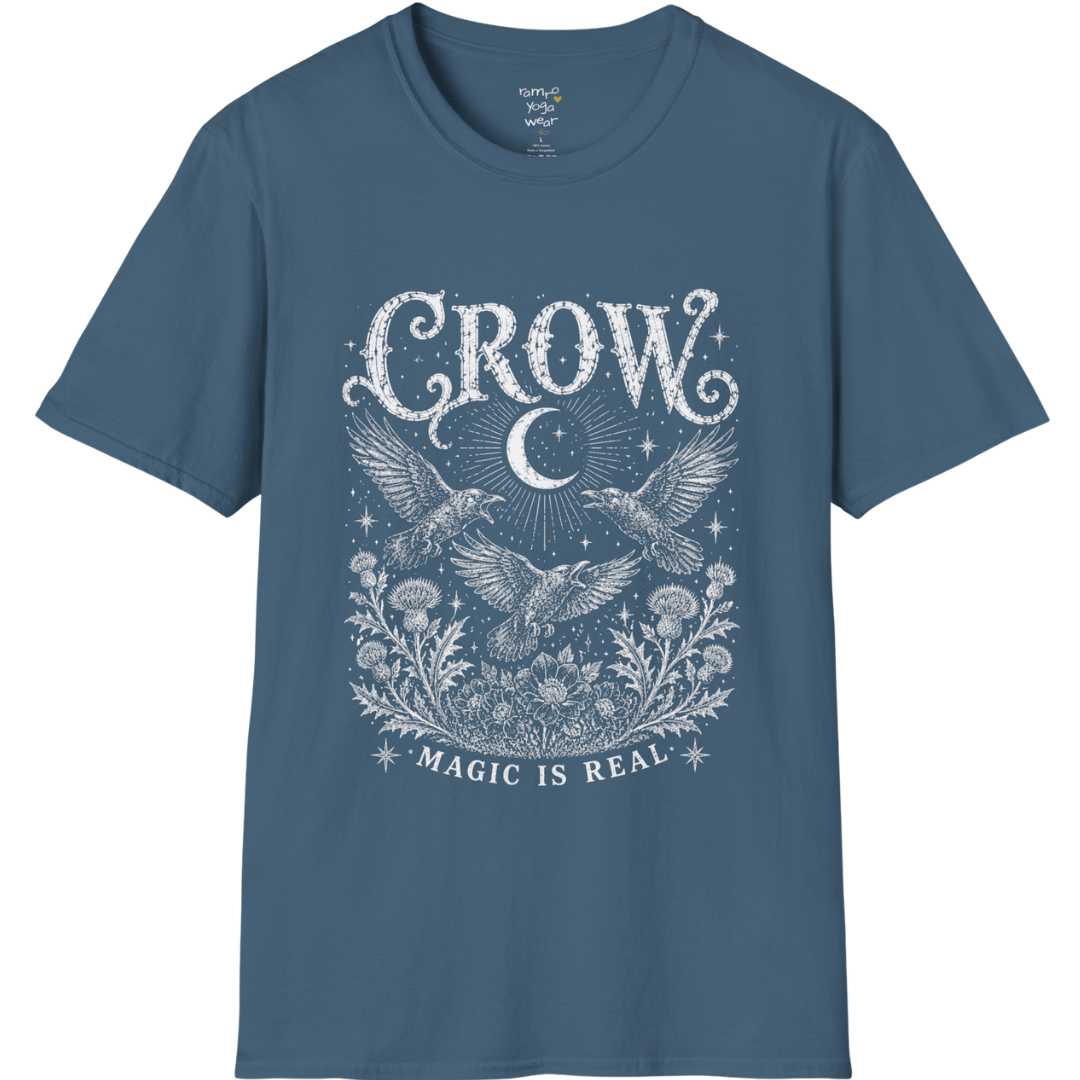 Ramro Yoga Wear Crow tee in Indigo Blue — crow crescent moon botanical vintage engraving, flat lay product shot