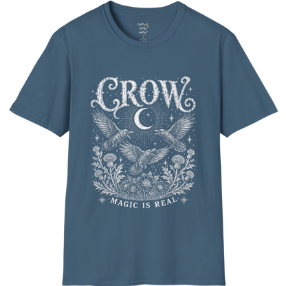 Ramro Yoga Wear Crow tee in Indigo Blue — crow crescent moon botanical vintage engraving, flat lay product shot