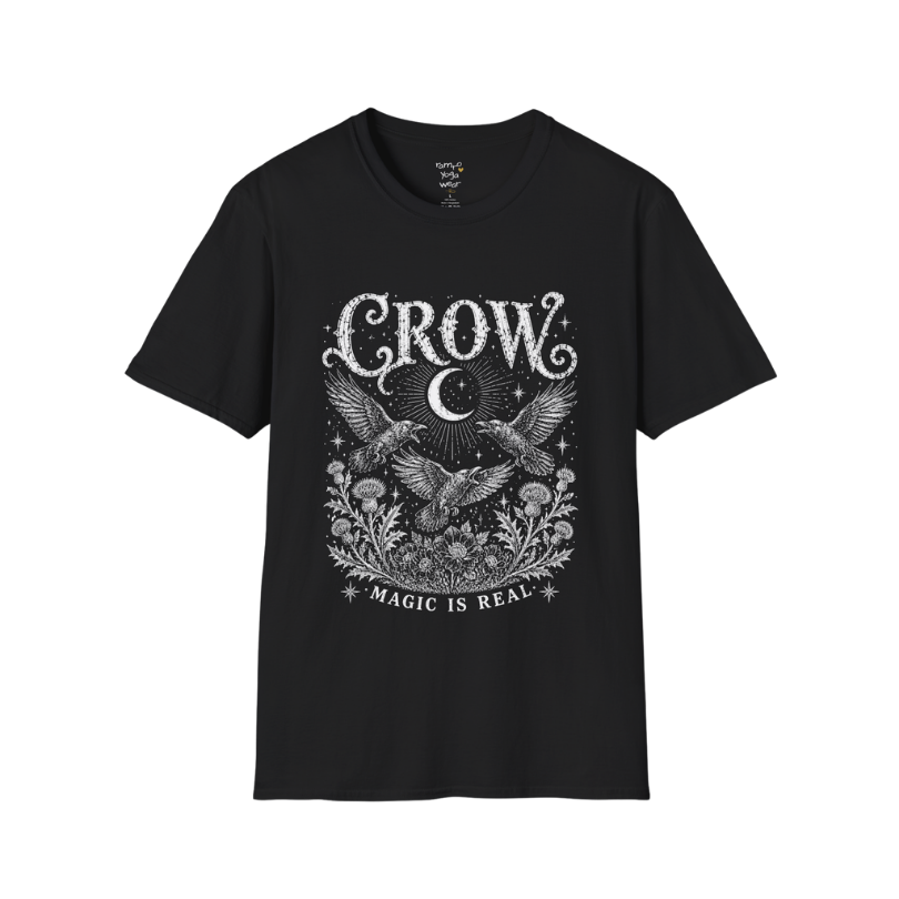 Ramro Yoga Wear Crow tee in Black — crow crescent moon botanical vintage engraving, flat lay product shot